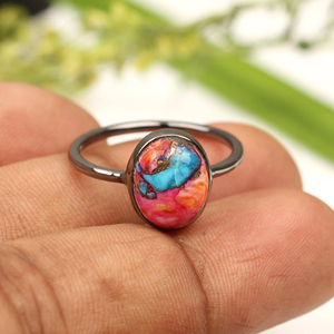 Trendy Orange Dahlia Copper <b>Turquoise</b> <b>Ring</b> 8x10mm Oval Shape 925 Sterling Silver 18K Gold Plated Bezel Setting Christian - Product Image 1