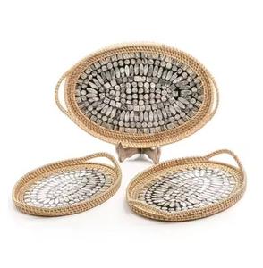 Vente chaude Antique MOP & Jute Plateaux De Service Moderne De Luxe Rond Ovale Design avec Poignées Premium Décor De Noël Plateaux À Faible Taux - Product Image 5