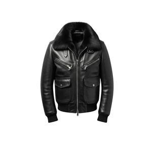 Blouson d'hiver vintage en cuir et fourrure pour homme, style motard rétro, logo frontal, pour les clients de gros et d'exportation - Product Image 1