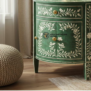 Mesita de noche de madera con incrustaciones de hueso verde de excelente calidad con tres cajones para el hogar disponible al mejor precio de mercado - Product Image 6