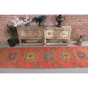 Vintage Turkish Rug, 0.2x10.3 ft <b>Runner</b> Rug, <b>Red</b> Blue Camouflage Rug - Product Image 3