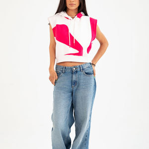 Hoodie court sans manches pour femme, fabrication pakistanaise, vente chaude, design abstrait rose et blanc, coupe décontractée, streetwear moderne - Product Image 1