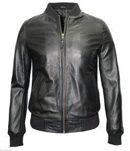 Chaqueta de Cuero Genuino para Hombre, Chaqueta de Cuero Slim, Chaqueta Bomber, Chaqueta de Motociclista, Piel de Cordero Genuina, Negra, para Hombre, para Invierno, Se Acepta OEM - Product Image 1