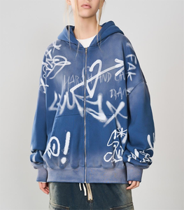 เสื้อฮู้ดดี้สเปรย์ฟอกสีซีดแบบวินเทจ คุณภาพสูง ขายส่ง รับทำโลโก้ ทรงไหล่ตก ซิปหน้า สำหรับผู้ชาย - Product Image 2