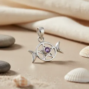 Joyería Religiosa para Mujer, Colgante de Plata 925 con Forma de Pez y Piedra Amatista, Bañado en Rodio, Diseño de Gota de Agua con Perla Dorada - Product Image 1