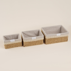 Rectangular Handwoven Seagrass Storage <b>Baskets</b> with <b>Linen</b> Lining and Lace Trim - Product Image 3