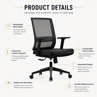 Chaise de bureau ergonomique en maille avec soutien lombaire réglable, pivotante, avec accoudoirs fixes et roulettes en PU