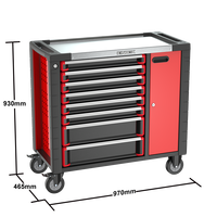 Chariot d'atelier KINBOX 01RH3M8 à 8 tiroirs en acier, avec plan de travail en acier inoxydable et armoire latérale, noir et rouge