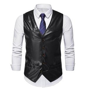 Full Grain Genuine <b>Leather</b> Men's Slim Fit Single Breasted Stand Office Sleeveless Blazer Vest Plus Size S 5XL High Street Style - Product Image 1