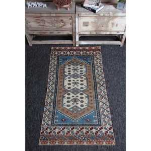 Alfombra Turca de 2.8x5.1 pies, Alfombra Herki Vintage, Alfombra Geométrica Azul de Lana - Product Image 1