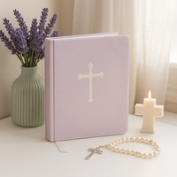 Diario de Oración LABON Lavender con Cubierta de PU Suave con Cruz Plateada en Relieve y Cinta de Encaje, Elegante Libro Devocional para Cristianos