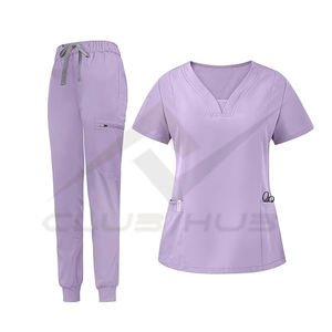 Wholesale Modern Women's Hospital Scrub Suit Set with Custom Logo V-neck Top & Tapered Leg Jogger Pants Made From Woven <b>Fabric</b> - Product Image 1