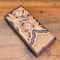 Dompet penyimpan uang kulit asli Tooled tangan dekoratif buatan tangan untuk pria dompet kartu kredit kualitas Premium terlaris