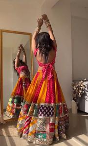 Vente en gros de mousseline de coton style Bollywood Lehenga Choli Set Digital Print Real Mirror Work Stitched Lehenga Blouse Dupatta Parties - Product Image 2