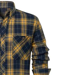 Chemise en flanelle à carreaux bleu marine et jaune moutarde pour homme, manches longues, boutonnée, décontractée, hiver, coupe ajustée, fabrication OEM. - Product Image 2