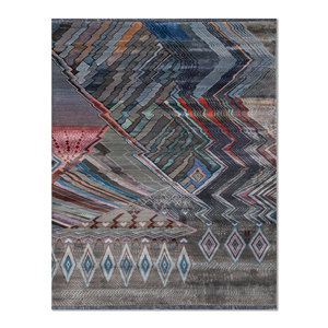 Tapis Manchaha 9x12 noué à la main en laine et soie de bambou, motif géométrique, pour salon et couloir, rectangulaire, Les-2452, gris et noir - Product Image 1