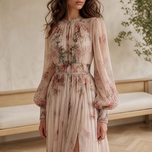 Nuovo <span class=keywords><strong>Abito</strong></span> Vintage da Donna in <span class=keywords><strong>Chiffon</strong></span> Stampato con Collo Tondo, <span class=keywords><strong>Maniche</strong></span> <span class=keywords><strong>Lunghe</strong></span> e Vita Plissettata, Stile Europeo-Americano - Product Image 5