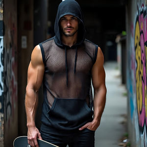 เสื้อมีฮู้ดปักลายตาข่ายสำหรับผู้ชายเสื้อกล้ามแขนกุดมีฮู้ดแขนกุดสำหรับออกกำลังกายฟิตเนสการเพาะกายออกกำลังกาย - Product Image 6