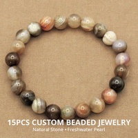 Bracelet ajustable fait main en agate naturelle, perles de tourmaline, corde tressée extensible, bijoux pour boutiques, tons terre.