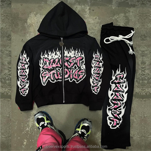 Chándal de estilo callejero Vintage personalizado, 100% algodón a rayas, diseño de cordón desgastado, transpirable, ajuste holgado, lavado Vintage - Product Image 2