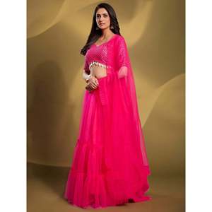 Lehenga Choli Glamour en Tulle Doux avec Paillettes Roses pour Tenue de Mariage - Product Image 6