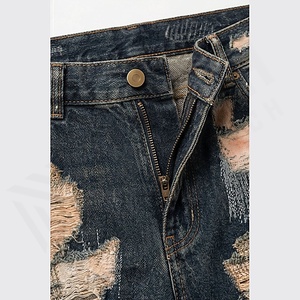 Jeans slim pour homme de haute qualité, denim, patch au genou, coupe droite, taille haute, délavé clair, super couture, couleur personnalisée - Product Image 4