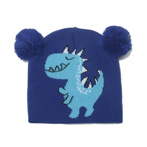 Gorro de lana con patrón de dinosaurio de dibujos animados para niños, gorro de lana con bola de piel, gorro a prueba de viento para exteriores de otoño e invierno - Product Image 3