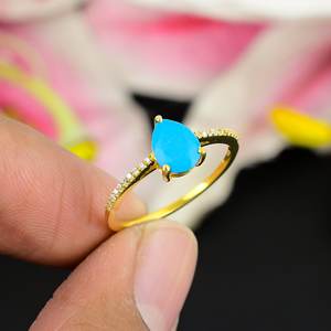 925 argent Sterling poire coupe Turquoise bague Vintage plaqué or nouveauté pierre précieuse naturelle pour la fête bijoux de luxe - Product Image 4