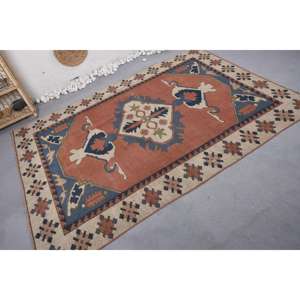 Alfombra Kilim turca Vintage de 5,2x7,4 pies, diseño de retazos rojo y azul, Material de lana, respaldo de látex, rectángulo abstracto de 10mm para vivir - Product Image 2