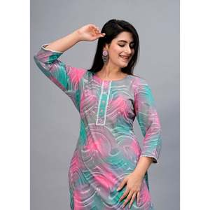 Kurta Casual Recta Rosa y Turquesa para Mujer, Tela Popelina Transpirable con Estampado Digital - Product Image 4