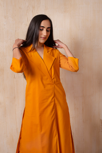 Ensemble coordonné en coton fait main, col chemise, couleur orange citrouille unie, décontracté, écologique, simple, pour les saisons printemps, été et automne - Product Image 2