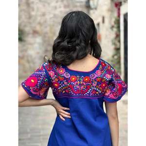 Vestido Maxi de Algodón con Bordado Floral Azul para Mujer, Manga Corta Abullonada, Estilo Étnico Casual de Verano, Estilo Bohemio, Cintura Natural, Lavable - Product Image 4