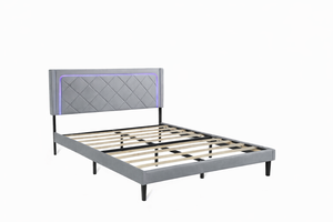 Base de Cama Tapizada con Luces LED, Cabecera Acolchada con Diseño de Diamantes, Mueble de Dormitorio Doble Moderno, Minimalista y Acogedor - Product Image 2