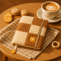 LABON Carnet de notes en peluche à carreaux brodés en biscuit avec bande élastique et marque-page de biscuits dorés