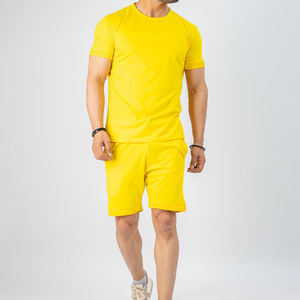 2026Factory Supplier Wholesale Summer Short Set Solid Cotton 2 Piece Set Shorts Custom Logo <b>Men's</b> Shorts and <b>Tshirt</b> Set <b>yellow</b> - Product Image 4