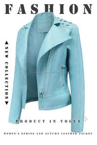 แจ็กเก็ตหนังสีฟ้าอ่อนสำหรับผู้หญิงเข้ารูปแบบโมโตสูทติดหมุดไหล่แบบอสมมาตรมีซิปกระเป๋า - Product Image 3