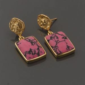 Jolies boucles d'oreilles en pierres précieuses turquoise rose plaqué or Designer bijoux suspendus Rectangle goutte Style boucles d'oreilles Push Back - Product Image 3
