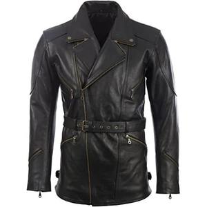 Veste de motard en cuir véritable noir pour homme avec fermeture éclair asymétrique et col élégant, longue veste de moto avec ceinture - Product Image 1