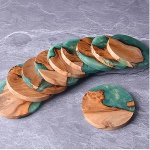 แผ่นรองแก้วไม้มะกอกทรงกลมเคลือบเรซิ่นสีเขียว สำหรับตกแต่ง ป้องกันความร้อน ใช้ได้กับโต๊ะครัว ป้องกันพื้นผิวโต๊ะ สำหรับสำนักงาน ขายส่ง - Product Image 1