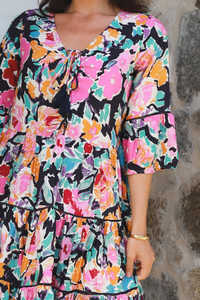 Customize Print Summer <b>Three</b> Quarter Sleeve Knee Length Designer Ruffle Bohemian Short Dress Women Print and Belt Summer Clothes - Product Image 3