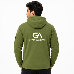 Veste en toile polaire à capuche pour homme GYM ACTIVE, vert olive, fermeture éclair intégrale, coupe-vent, décontractée, pour l'hiver et les activités de plein air - Product Image 4