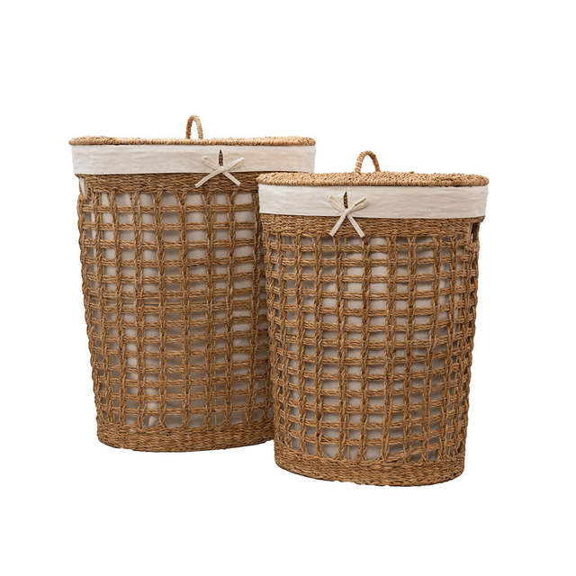 Handmade Seagrass Laundry Hamper Woven Tall Basket with Liner Natural Hyacinth Storage Organizer Eco Friendly Decor