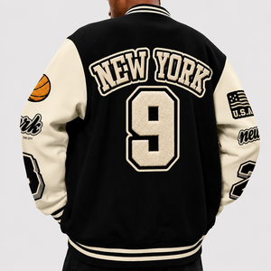 SINEWY SPORTS <b>Men's</b> Varsity <b>Jacket</b> Black Cream Embroidered <b>Letter</b> Patch Design Preppy Style Turn-down Collar Regular Fit - Product Image 6