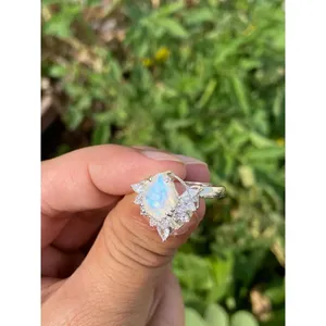 925 Silver Natural Moonstone Ring Handmade Dainty Jewelry with Pear Cut Gemstone Rhodium Plated Engagement Style - Product Image 3