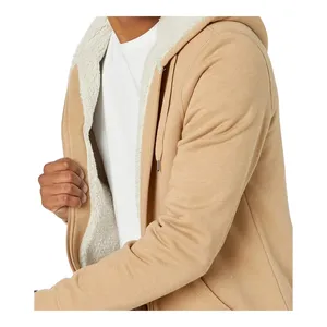 Men's Beige <b>Sherpa</b> <b>Lined</b> Hooded Zip Up Sweatshirt Regular Fit Casual Fleece Hoodie With Front Pockets Autumn Winter Wear 2027 - Product Image 5