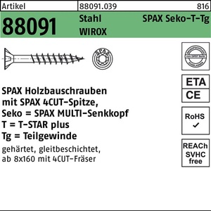 Tornillo SPAX R 88091 SEKO/T-STAR TG 8x140/80-T40 Acero WIROX 50 Piezas - Product Image 1
