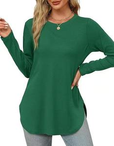 Chemise en coton tricoté 100 % pour femme, coupe ample, style basique, manches longues, fente latérale au col, respirante, ajustée, décontractée, avec logo - Product Image 3