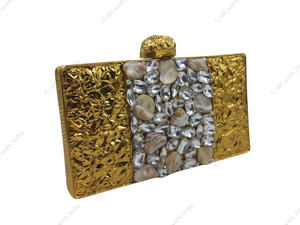 Handcrafted <b>Gold</b> Metal <b>Clutch</b> with Mother of Pearl and Crystal Panel Luxury Designer Evening Statement Bag Handbag for women - Product Image 4
