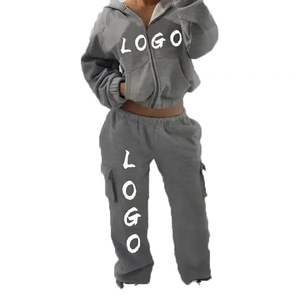 Oem Custom Tracksuits for Women Clothing Cotton Jersey Long Sleeves Full Zip up Jackets <b>Top</b> and Wide Leg Pants Gym Athletic Wear - Product Image 3