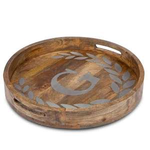Plateau de service rond en bois avec logo et motifs gravés personnalisés - plateau de service artisanal écologique - tendance - Product Image 1